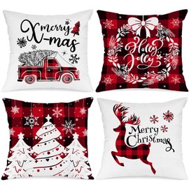Ywlake Christmas Throw Pillow Covers 16x16 Set of 4, Decorative Holiday Farmhouse Merry Xmas 16 x 16 Buffalo Check Plaid Cushion Pillow Cases for Outdoor Indoor Home House Room Couch Decor (Red)