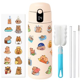 Termo de Acero Inoxidable 520 ml con Indicador de Temperatura, Botella Térmica para Niños y Adultos, con Popote, Cepillo de Limpieza y Pegatinas DIY, 