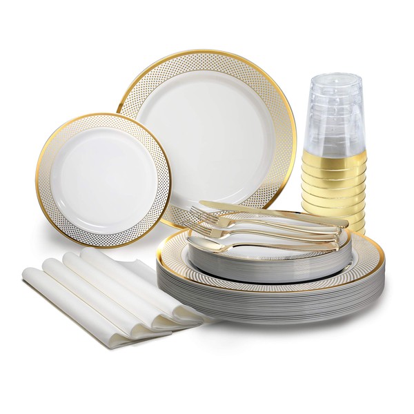 " OCCASIONS " 320pcs set (40 Guests)-Heavyweight Wedding Party Disposable Plastic Plate Set -40 x 10.5'' + 40 x 7.5'' + Silverware + Cups + Napkins (Sundance in White & Gold)