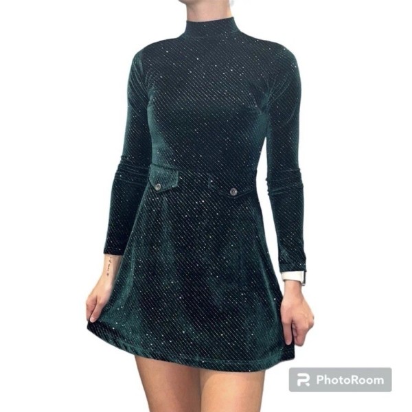 UniqueVintage UNIQUE VINTAGESMAK PARLOUR Green Sparkly Velvet Mock Neck Dress