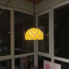 HEAQLRC Tiffany Style 8" Hanging Lamp with 19.7Ft Plug-in Cord, 3-Color LED Dimmable, Vintage Stained Glass Hanging Lights for Dining Room, Kitchen Island, Bedroom, Porch,Yellow