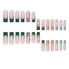 Long Square Press on Nails Green French Tip Fake Nails with 3D Gold Butterfly Designs Nude Pink False Nails Rhinestones Artificial Nails Reusable Glue on Nails for Women Girls-24Pcs