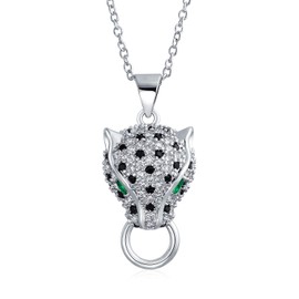Estate Art Deco Style Animal Spotted Black White Cat Green Eye Cubic Zirconia CZ Panther Pendant Necklace for Women Silver Plated Brass