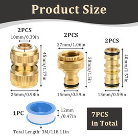 Xatgiouy 7 Pack Brass Garden Hose Connector Set, Brass Hose Fittings Includes 2 Double Male Connector, 2 End Connectors, 2 Adjustable 1/2'' & 3/4'' Tap Connectors, 1 Plumber Tape, Easy to Install