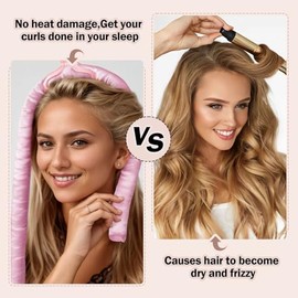 Rizador de pelo sin calor, rizos sin calor para secar durante la noche, juego de rizador sin calor con gorro de seda para dormir, color rosa