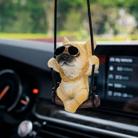 Floruit French Bulldog Car Mirror Hanging Accessories Cute Swinging Dog Rear View Mirror Accessories for Men & Women (Yellow)