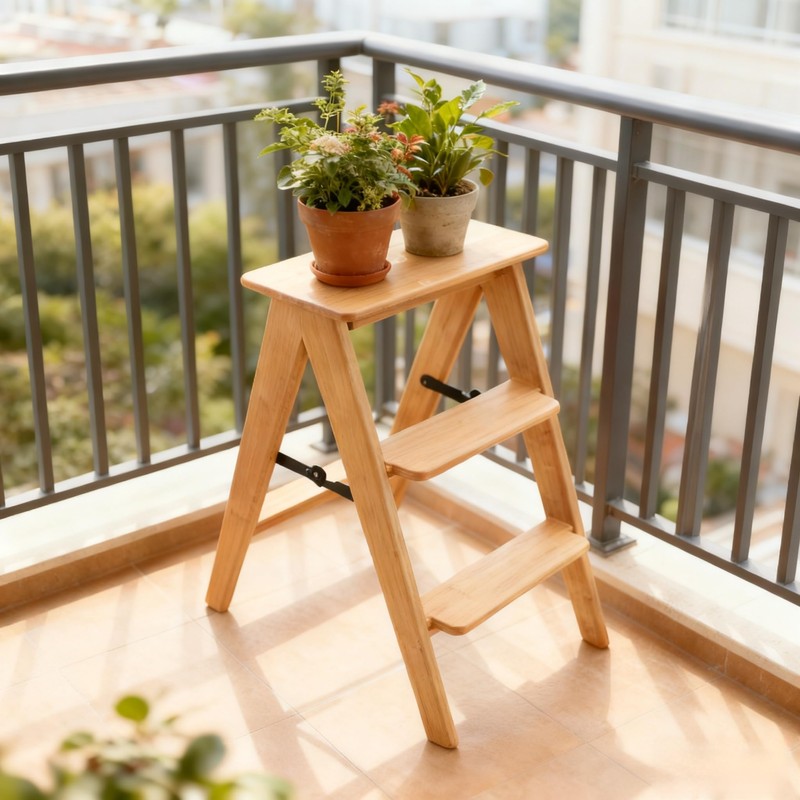 JIKUGO Bamboo Foldable 3-Step Stool Wide Anti-Slip Pedal Sturdy Ladder