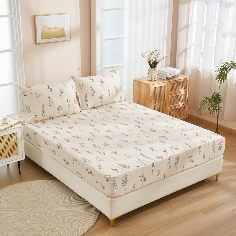 Cozaline Floral Fitted Sheet Queen Premium 100% Cotton Bedding Farmhouse