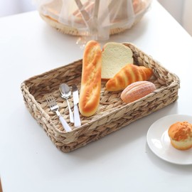 Water Hyacinth Woven Serving Tray Rectangular Hand-Woven Wicker Storage Trays for Coffee/Breakfast/Dessert/Fruit/Bread (Original Color - Small)