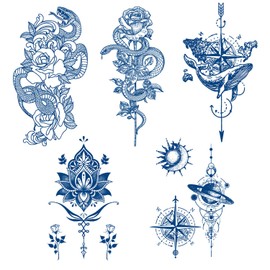 Tattoos [Set of 5] Jagua Tattoo, Japanese Pattern, Large Temporary Tattoo, Japanese Pattern, Japanese Carved, Black, Tattoo Stickers, Arm Tattoo Stickers, Waterproof, Long Lasting, Simple Featured