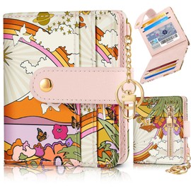 Bistup Wallet for Women Cute Bifold Small Card Wallet Rfid with Keychain for Ladies Teen Girls Female Medium Girly Aesthetic Thin Slim Rainbow Y2K Unique Pretty Modern Leather Credit Card Holder Purse
