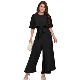 Black jumpsuits for Women Dressy Formal Cape Sleeve High Waist Belted Wide Leg Pantsuits Ruffle Sleeve One Piece Outfits Gowns Trendy Travel Onesies L