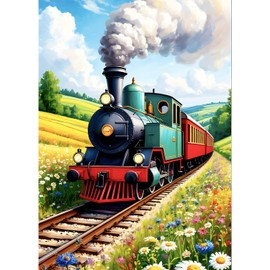 QQYRHN 5D Steam Train Diamond Painting Kit for Adults Beginners Wild Flowers Diamond Art Kits Complete DIY Retro Train Diamond Embroidery Set Perfect for Relaxation and Decor 30 x 40 cm