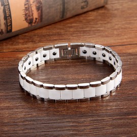 Cupimatch Men 13MM 8.1" Sleek Silver Stainless Steel White Ceramic Magnetic Link Chain Bracelet