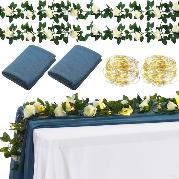 HunnmingRe 6 Pcs 10ft Gauze Table Runner with Flower Garland