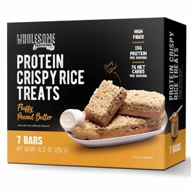 Protein Crispy Rice Treats, 15g Protein, 3g-7g Net Carbs, Low Carb, Fluffy, Soft, Chewy, Gluten Free, High Fiber, Keto-Friendly, No Aftertaste (Fluffy Peanut Butter, 1 Pack)
