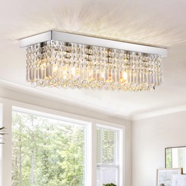 WECHAET Modern Crystal Chandeliers for Dining Room Light Fixture, 6-Light Rectangle Ceiling Light Chandelier for Kitchen Island Bar Living Room, L31.5 Inch, Chrome Finsh