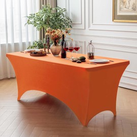 FOLINS&HOME Orange 6FT Fitted Spandex Tablecloth, Waterproof Wrinkle Free Washable Elastic Table Cover for 6 Foot Rectangle Folding Tables, Stretch Table Cloth for Wedding, Banquet, Party