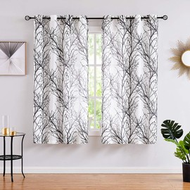 FMFUNCTEX Linen Semi Sheer Curtains for Bedroom, Black White Curtains 45 Inches Long for Living Room, Grey Tree Branch Patterned Curtain Light Filtering Kitchen Window Drapes, Grommet Top 2 Panels