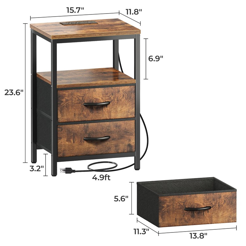 Huuger Nightstand with Charging Station, Fabric Drawers, End Table with