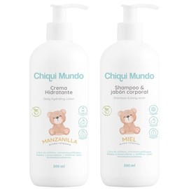 CHIQUI MUNDO Shampoo & Body Wash (500 ml) + Crema Coorporal Hidratante (500 ml) para Bebé Origen Natural Libre de Parabenos, Sulfatos, Siliconas, Colo
