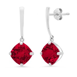 MAX + STONE 14k White Gold Solitaire Cushion Cut Created Red Ruby Drop Dangle Earrings for Women 8mm July Birthstone with Push Backs