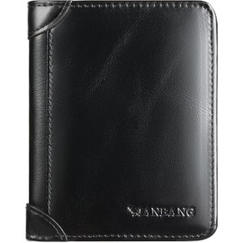 MANBANG Luxury Men Wallet Genuine Cow Leather Male RFID Trifold Short Purse For Men with ID Window and Credit Card Holder (Black)