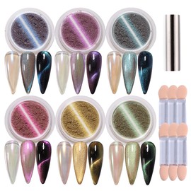 Cat Eye Nail Art Powder Set 6 Colors Aurora Crystal Cat Eye Chrome Powder for Nails 2 in 1 Holographic Metallic Rubbing Pigment Galaxy Iridescent DIY Decor Nail Glitter Dust with Magnet Sticks