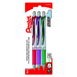 Pentel EnerGel Retractable Liquid Gel Rollerball, 0.7mm Medium Point, 3PC Pack, Red, Green, Violet