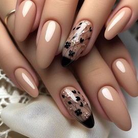 Nude Press on Nails Medium Almond OFDNE Black French Tip Fake Nails False Nails with Floral Designs Full Cover Glossy Glue on Nails Stick on Nails Acrylic Nails for Women Girls 24 Pcs