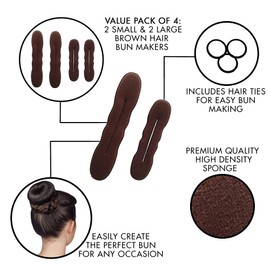 Styla Hair Brown Magic Hair Bun Maker 4 Pack (2 Small, 2 Large) Foam Sponge Buns with Hair Ties Shaper Accessories Strong Flexible Reusable Bun Twister for Updo’s, Ballet Buns, French Twist, Waves & more!