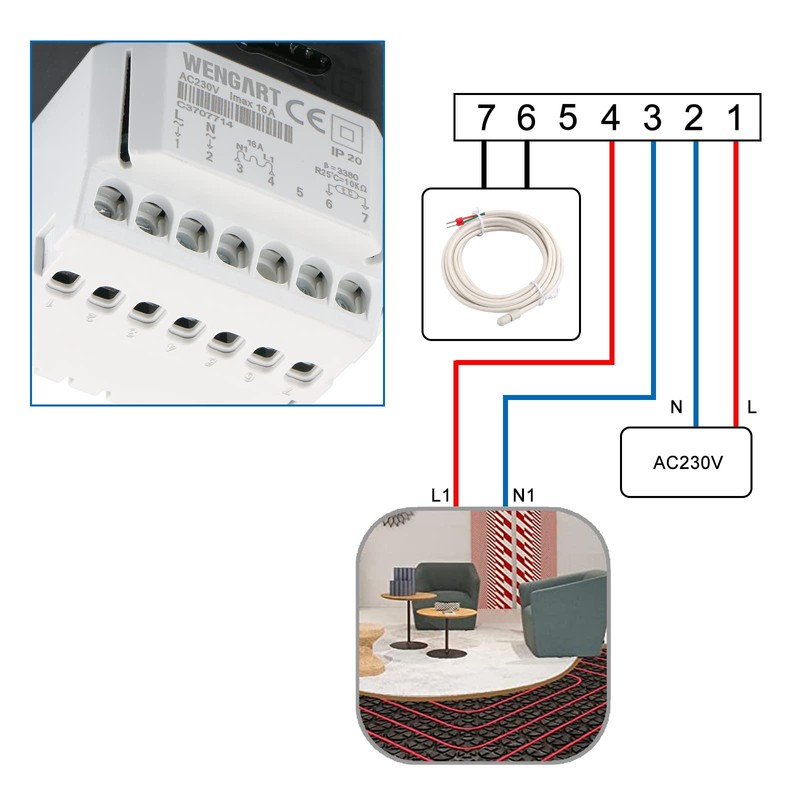 Wengart Electric Heating Thermostat WG806, Output 230V 16A, 7 Days
