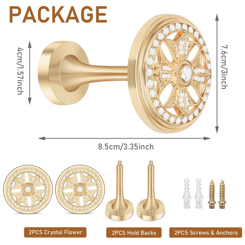 Glod Curtain Tiebacks Hooks - Crystal Wall Mounted Decorative Modern