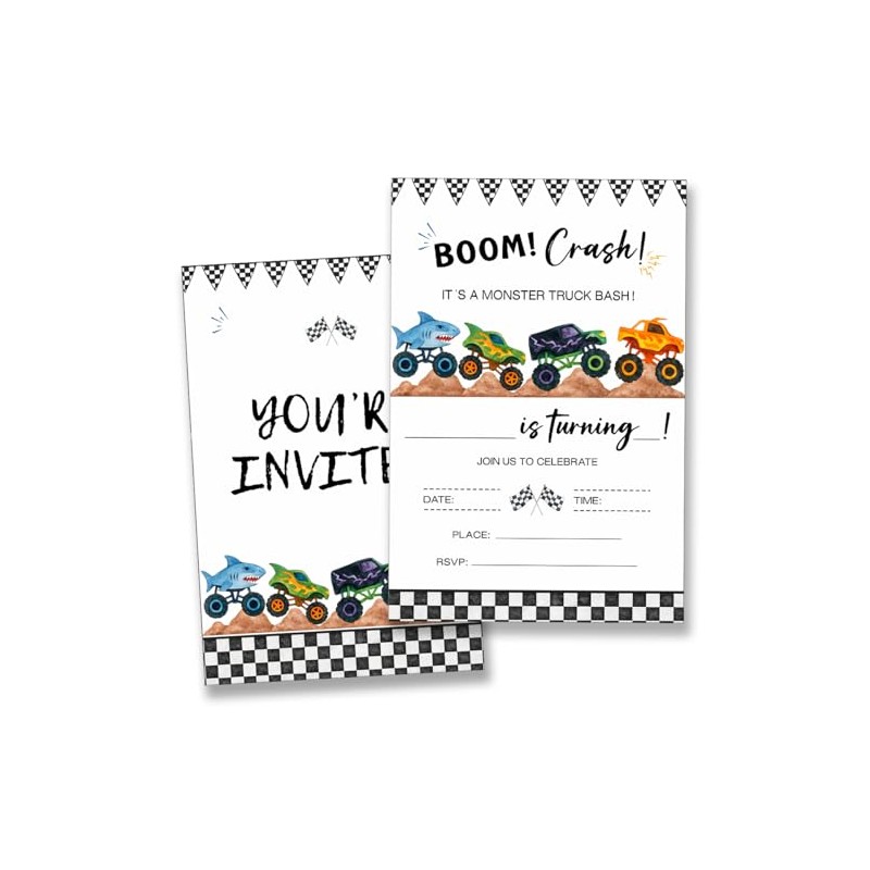 YLKJSTYS Monster Truck Birthday Invitations for Boys, Boom Crash Checkered