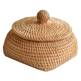 YARNOW Rattan Basket Braided Basket Straw Storage Basket with Lid Egg Basket Fruit Basket Snack Basket Desktop Organiser Woven Basket for Home Living Room Bathroom