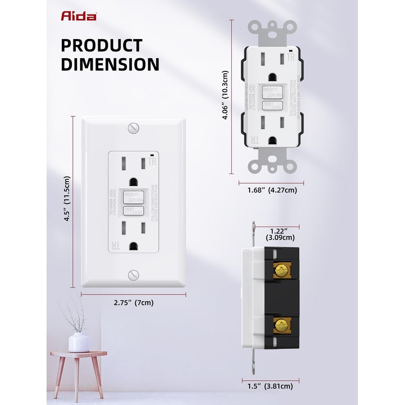 AIDA GFCI Outlets 15 Amp, Self-Test Electrical Outlet, GFI Tamper-Resistant