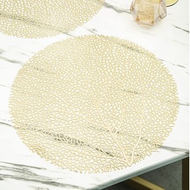 Round Gold Placemats, 6 Pack Decorative Placemats Round Placemat PVC Placemats Hollow Table Place Mats Washable for Dining Table (Gold)