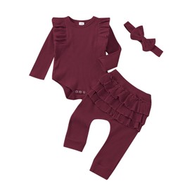 6-9 Months Baby Girl Clothes Outfit Newborn Infant Fall Outifts Ribbed Ruffle Long Sleeve Romper Pant Bodysuit Outfits Set Fall Winter Clothes 3pc Wine Red 6-9 Months