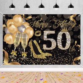 50th Birthday Party Decoration Birthday Decoration for Women/Women, Happy 50th Birthday Banner Fabric Sign Photo Booth Background for 50th Birthday Party
