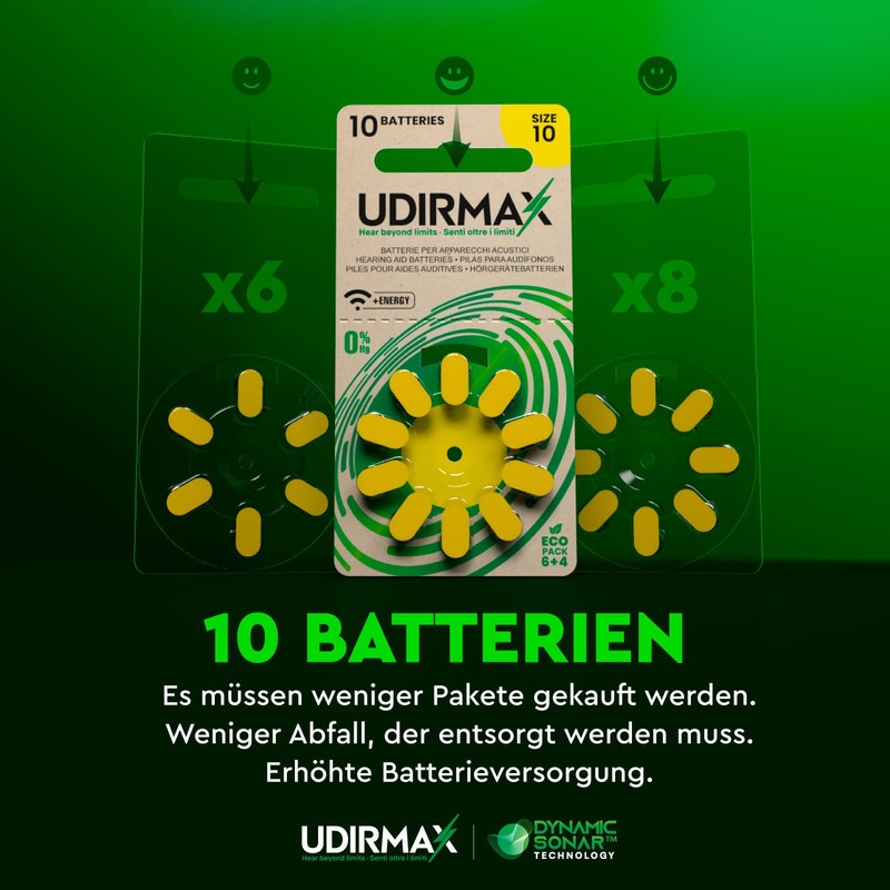 100 Hörgerätebatterien Größe 10 PR70 Udirmax Gelb Dynamic Sonar Technologie