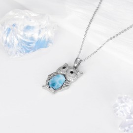 EUSJ Owl Necklace 925 Sterling Silver Owl Necklace Lapis Lazuli/Turquoise/Malachite/Larimar/Opal Owl Pendant Jewelry Gifts for Women Mothers Day (Larimar)