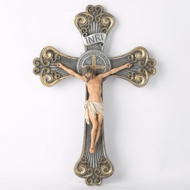 Crucifijo católico de San Benito BC Crucifijo, decoración de pared inspiradora de Jesucristo para un hogar elegante y moderno, regalos para mamá, aspecto de talla de metal, 12 pulgadas de alto,