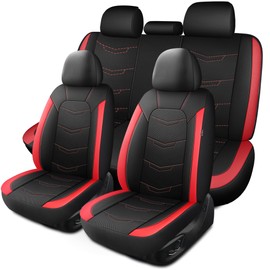 HChengkikz Car Seat Covers Full Set,Leather Seat Covers,Breathable and Sporty Car Seat Cover,Universal Fit Anti-Slip Seat Covers for SUV Cars Sedan and Truck(Full Seat,Black+Red,N2)