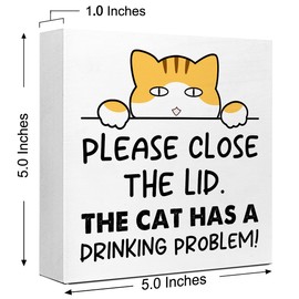 Funny Ginger cat Bathroom Wood Block Signs,Rustic Please Close the Lid the Cat Has A Drinking Problem Wooden Box Sign for Bathroom Shelf Toilet Restroom Home Tabletop Desk Decor