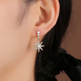 Cimenexe Bohemian Crystal Starburst Dangle Earrings Gold CZ Star Drop Earrings CZ Paved North Star Earrings Rhinestone Bar Stud Earrings Jewellery for Women and Girls Gifts, Zinc, No Gemstone