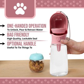 HappiTails Leak Proof Portable Dog Water Bottle with Bowl – Travel Pet Water Dispenser for Walking & Hiking – Food Grade Plastic – Choose from 3 Colors (Pink, 500 ml)