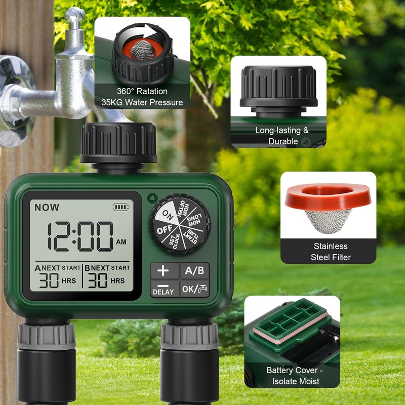 XinFuture Irrigation Computer 2 Outputs, Large LCD Display Watering Timer,