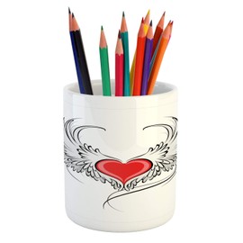 Lunarable Valentine's Day Pencil Pen Holder, Romantic Theme of a Heart in Angel Wings, Ceramic Pencil Holder for Desk Office Accessory, 3.6" X 3.2", Pink White