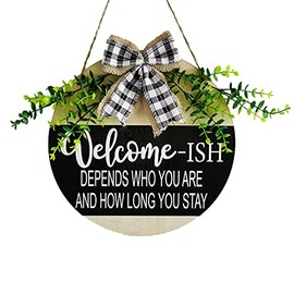 Welcome Sign Front for Door Decoration, 12 in Round Wood Wreaths Wall Hanging Outdoor, Farmhouse, Porch, for Spring Summer Fall All Seasons Holiday Christmas