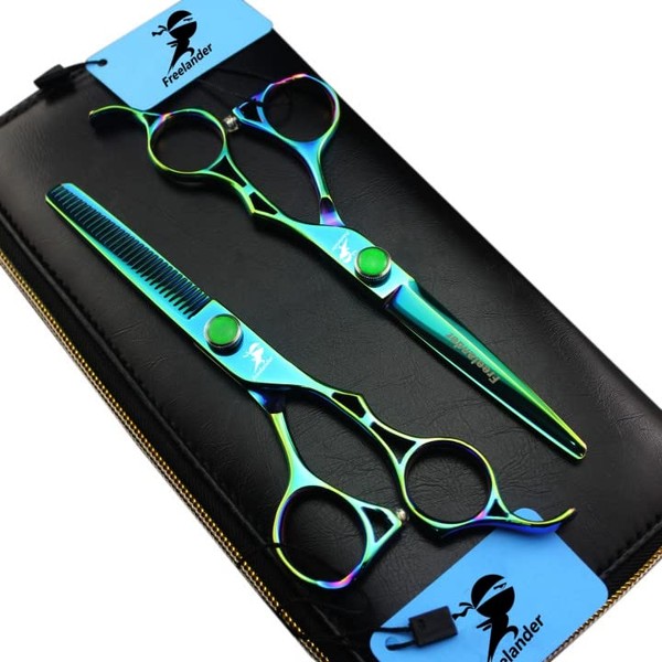 Freelander 6.0" Barber Hair Cutting Shear and Salon Blending/Thinning Scissor with Bag for Professional Hairstylist (Green)
